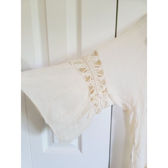 Joress M Oversized Southwest Top Hippie Pompom Low Cut Gauze Tan‎ Tassels SS - Picture 4 of 9